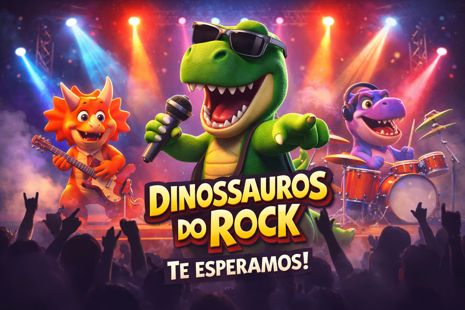 Dinossauros do Rock no palco com Rex Rock, Tricera Power e Dino Beat